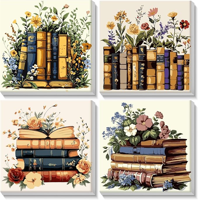 Lxmsja 4 Pack Floral Library Paint by Numbers Kit for Adults, Easy Framed Paint by Numbers for Adults Beginner, DIY Acrylic Oil Painting Craft Kits for Home Wall Decor 8x8 inch