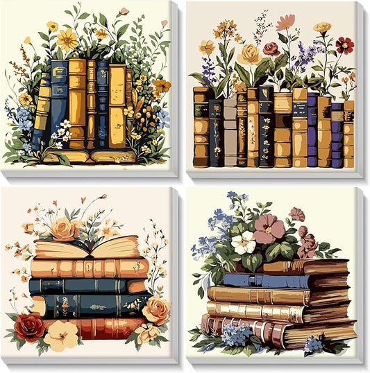Lxmsja 4 Pack Floral Library Paint by Numbers Kit for Adults, Easy Framed Paint by Numbers for Adults Beginner, DIY Acrylic Oil Painting Craft Kits for Home Wall Decor 8x8 inch
