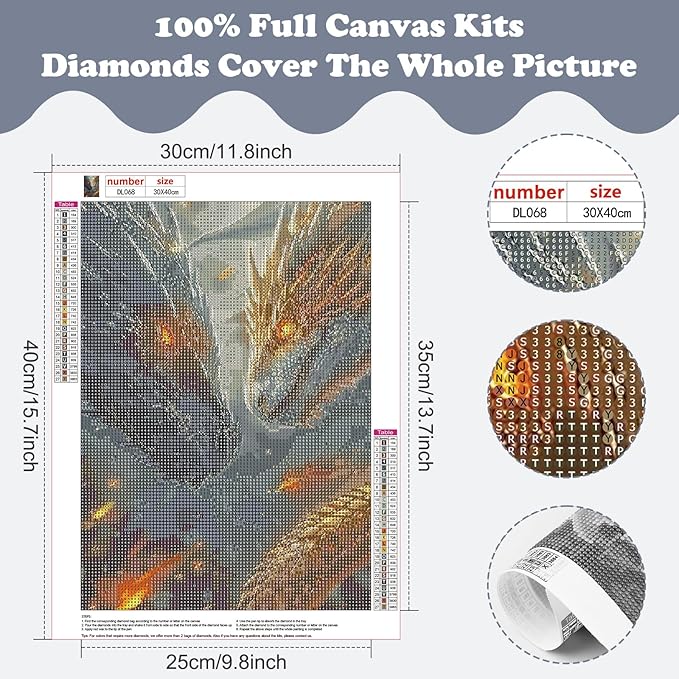 SENQAO 5D Diamond Painting Kits for Adults, Black Golden Dragons Diamond Art Kits for Adults Beginner, DIY Full Drill Diamond Dot Gem Painting for Home Wall Decor 12x16 inch