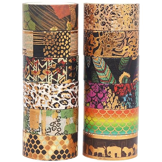 YUBX Wild Animals Washi Tape Set 12 Rolls Gold Foil Print Decorative Masking Tapes for Arts, DIY Crafts, Journals, Planners, Scrapbook, Wrapping (African Migration)
