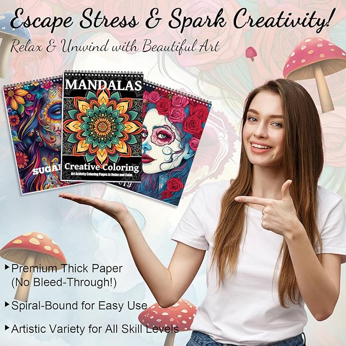 3Pcs Coloring Books for Adults Relaxation, 72 Patterns Sugar Skull Coloring Book for Adults, Mandala Coloring Book for Women, Spiral Coloring Books for Women Spiral Bound Printed On One Side