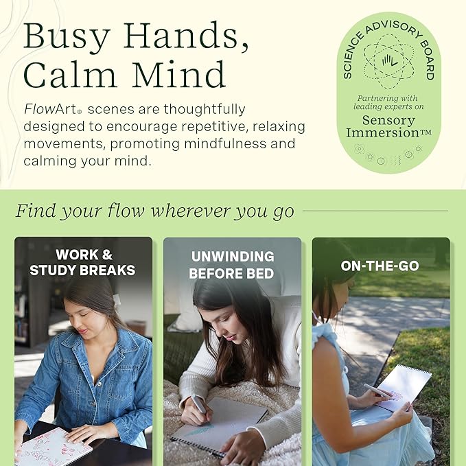 Lifelines FlowArt Activity Pads, 2-Pack & Bonus Pad - Guided Art Meditations - 2 Sets of Markers & 48 Scenes - Hidden Patterns & Pogo-Dot Coloring Books for Tweens, Adults & Seniors