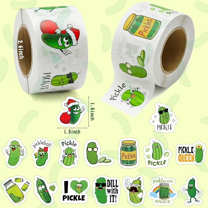 beyumi 1000pcs pickle cartoon stickers for kids in 2 rolls funny graphic aesthetics cucumber stickers waterproof vinyl sticker for scrapbooking bottle skateboard guitar luggage party decor gifts teens