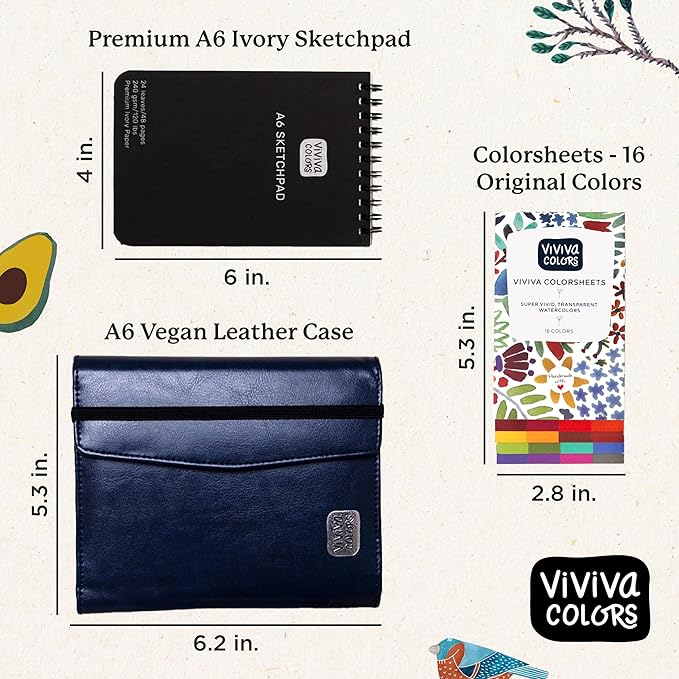 Viviva Colors A6 Travel Paint Set – Portable Watercolor Kit with 16 Colors, A6 Sketchpad, Leather Case, Waterbrush & Marker – Fun, Vibrant, Portable Travel Art Kit for Adults & Kids
