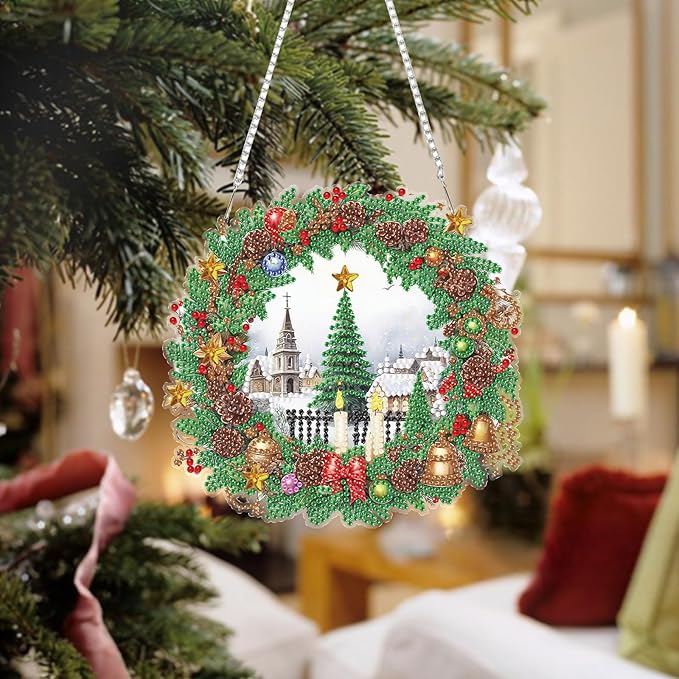 Auremi Christmas Tree Diamond Art Painting Pendant Kits with Chain,5D Christmas Wreath Diamond Art Hanging Kit DIY Diamond Crystal Window Door Hanging Pendant Kit for Adults Gift Wall Decor
