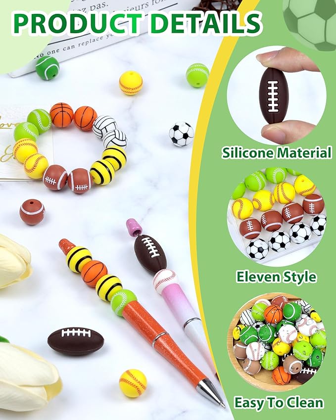 FIVEIZERO 41PC Sports Baseball Silicone Beads - Multi-Sport Focal Beads (Football Soccer Basketball Volleyball) for Keychains, Bracelets, Jewelry Making & Team Spirit Crafts
