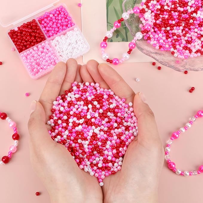 UPINS 1200Pcs Valentine's Day Pearl Beads,4 mm Red Pink White Pearl Beads for Jewelry Making Wedding Party Decoration Necklace Bracelets Earrings DIY Crafts Supplies