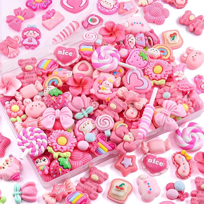 60PCS Rose Pink Slime Charms Cute Flatback Resin Charms for Slime, Random Kawaii Decoden Charm for Embellishments Phone Junk Case Charms Bulk, Hairpins Scrapbooking Crafting & DIY Decor