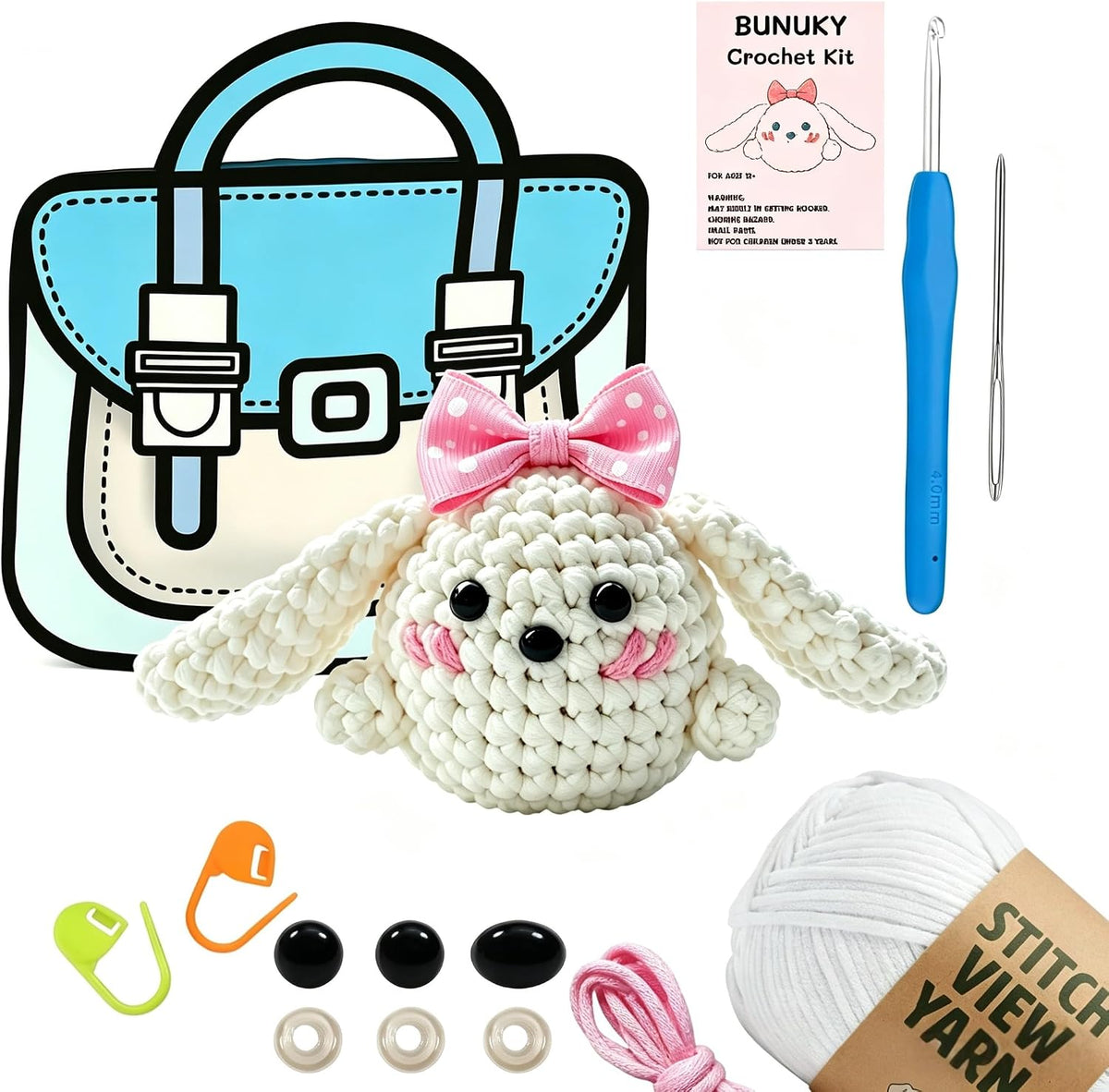 BUNUKY Beginner Crochet Kit, Snowy Bunny Amigurumi Starter Kit with Easy Video Tutorials, Complete DIY Rabbit Craft Kit Gift for Adults, Teens & Girls