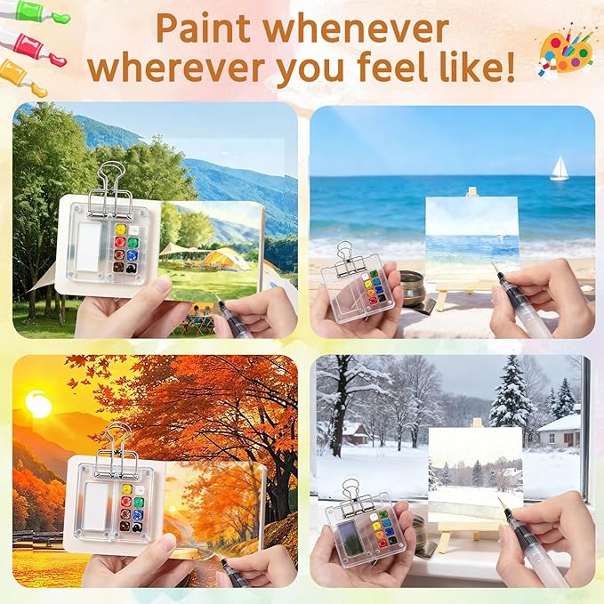 Mini Watercolor Palette Set,22Pcs Artist Watercolor Palette Travel Set with Colors,Wooden Paint Box,Brush,Holder,Oil Cup,Plastic Bottles Storage Bag for Beginners Artists Student(8 Grids)