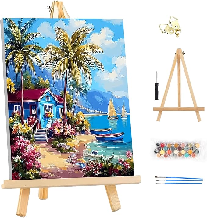 EOBROMD Framed Paint by Numbers Kits for Adults - Wooden Easel, Landscape Beach DIY Kits Crafts for Beginner, Painting on Stretched Canvas, Oil Paint by Numbers for Home Decor Gift 10x14 Inch