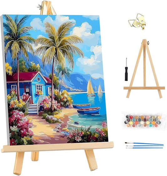 EOBROMD Framed Paint by Numbers Kits for Adults - Wooden Easel, Landscape Beach DIY Kits Crafts for Beginner, Painting on Stretched Canvas, Oil Paint by Numbers for Home Decor Gift 10x14 Inch