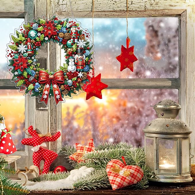 VODAPYC Christmas Wreath Diamond Art Hanging Kit for Adults, DIY Double Sided Special Shaped Diamonds Art Window Pendant Ornament for Home Decor(Christmas Wreath-2)