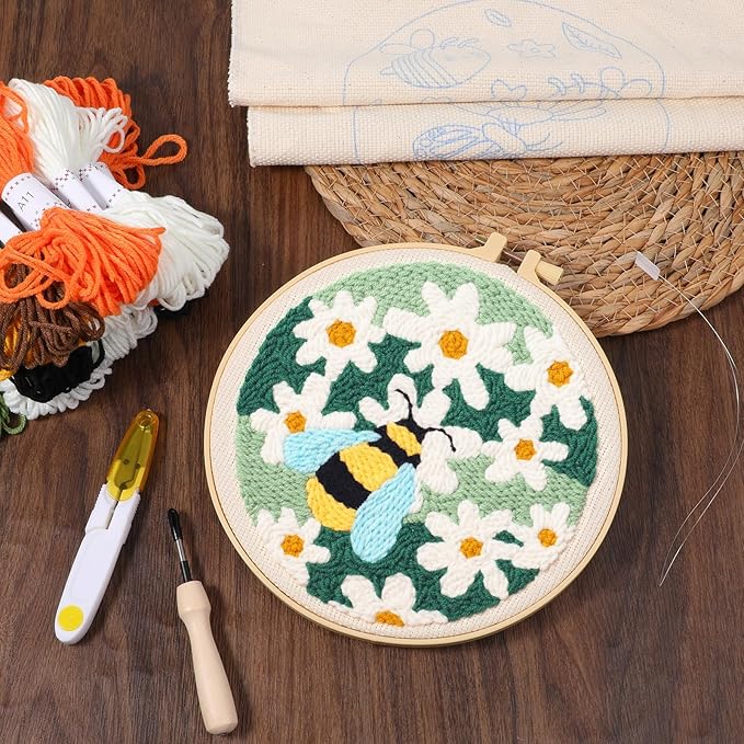 3 Pcs Punch Needle Kits, 7.87 Inch Cute Floral, Bees and Butterfly Punch Needle Kit for Adults Beginner Children Needles Punching kit with Embroidery Hoop, Instruction, Fabric, Sewing Needles, Yarns