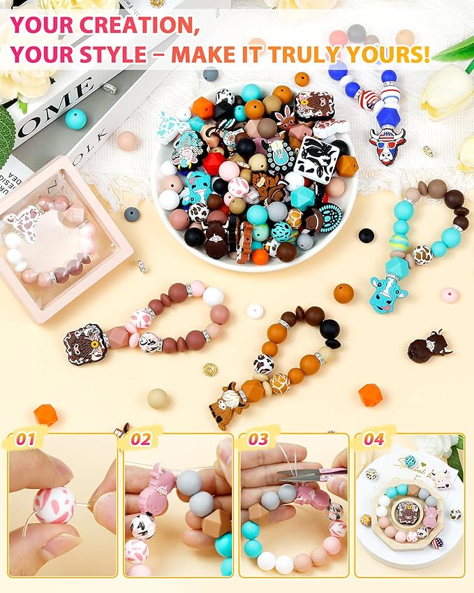 112PCS FIVEIZERO 12, 15mm Cow Focal Silicone Beads for Keychain Making, Patriotic 4th of July Independence Day, Round, Lentil, Hexagon, Print, 10mm Rhinestone Spacer Beads for Bracelets, Pens, Crafts