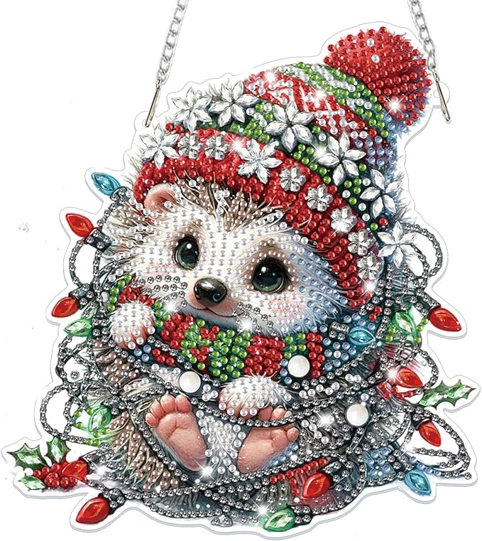 Bowetile Christmas Diamond Art Hanging Kits for Adults, Hedgehog Diamond Art Suncatchers, 5D Special Shape Diamond Painting Pendant Window Ornament Christmas Gifts for Home Door Wall Decor