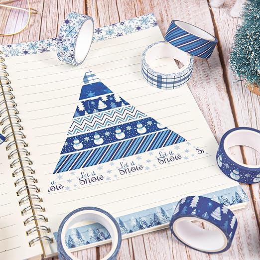 Whaline 12 Rolls Winter Washi Tape Blue White Snowflake Snowman Holiday Masking Tape Xmas Tree Reindeer Assorted Pattern Washi Tape for Scrapbook Journal DIY Craft Gift Wrapping Party Decor