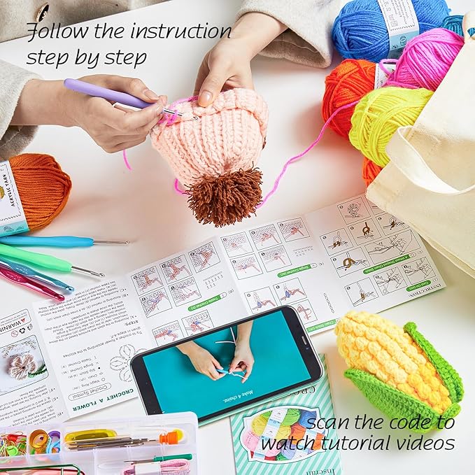 INSCRAFT Crochet Kit for Beginners Adults, 18 Large Acrylic Yarn Skeins 1800 Yards Yarn, 105 PCS Crochet Kit with Hooks Yarn Set,Includes Canvas Tote Bag, Ideal Starter Pack for Professionals