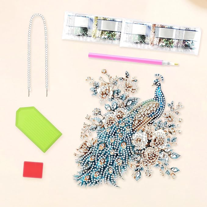 Lxmsja DIY Peacock Diamond Painting Hanging Ornament, Double-Sided Acrylic Sparkling Flowers Diamond Art Kit, Special Shaped Suncatcher Hanging Pendant Window Art Kit 8x7 inch