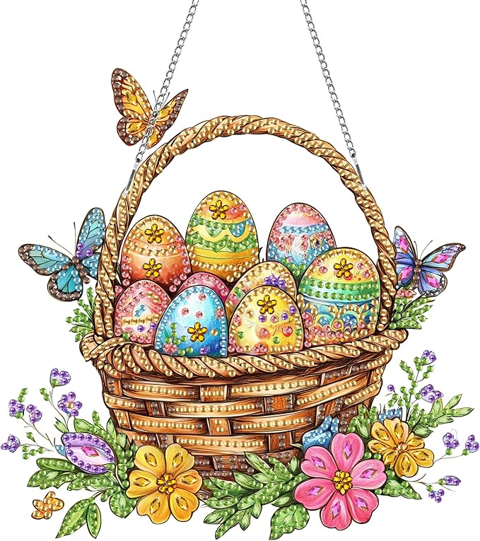 Kaliosy Sun Catcher Easter Window Hanging - Outdoor Porch Decor, Eggs Flowers-Themed Diamond Art Ornament, Acrylic Board Diamond Painting for Wall Home Garden, Front Door Sign, Indoor Decor 8x8 inch