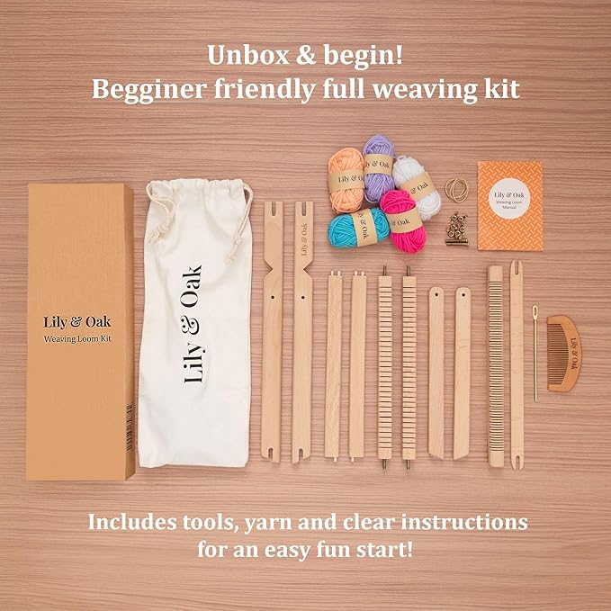 Lily & Oak Weaving Loom for Adults & Kids - Weaving Loom Kit | Beginner-Friendly Table Loom & Lap Loom with Yarn, Tools & Instructions | Wooden Loom for Multicraft Projects (15.8 x 11.8 inches)