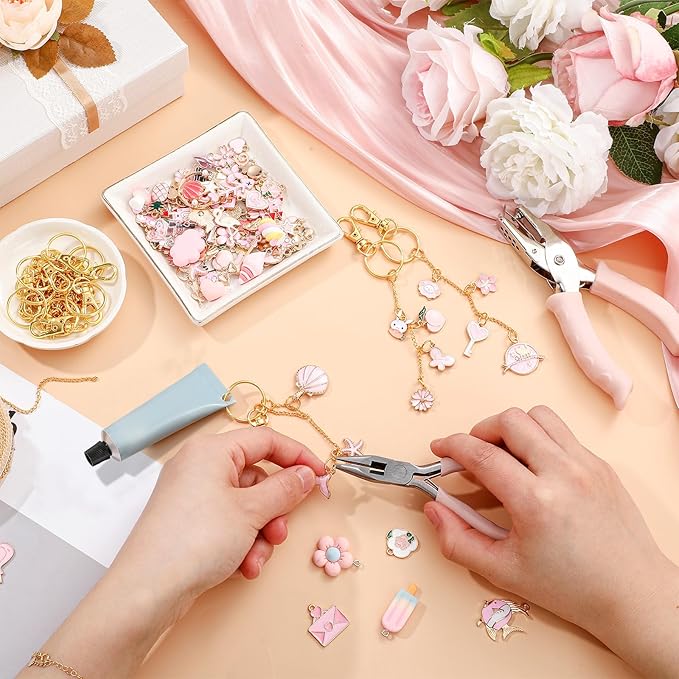 VioraWhite 213 Pcs Valentines Lip Gloss Keychain Making Kit 100 Pink Enamel Charms 32.81 ft Gold Chains for Galentines DIY Crafts Women(Elegant)
