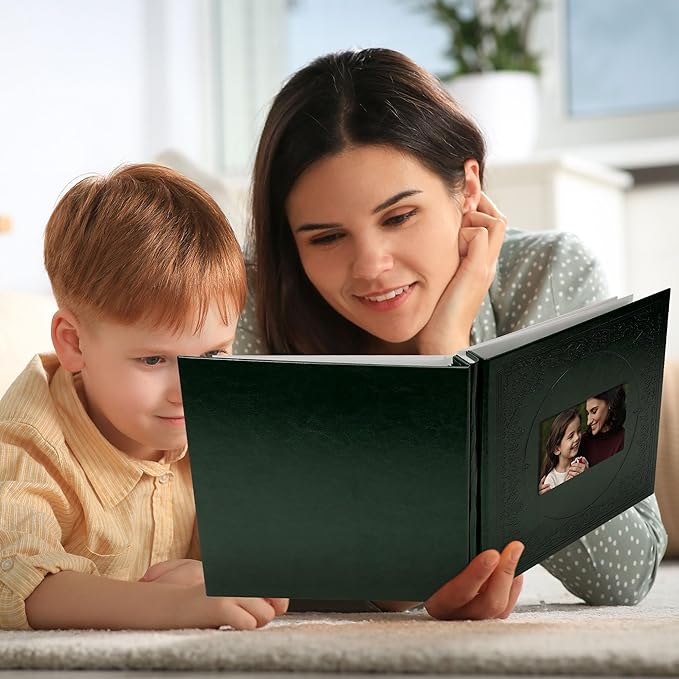 Vienrose Self Adhesive Faux Leather Photo Album with Window DIY Scrapbook Kit for 4x6 5x7 8x10 Pictures, Memory Book for Baby Kids Wedding Journal School Polaroid, 20 Sheets(40 Pages) Dark Green