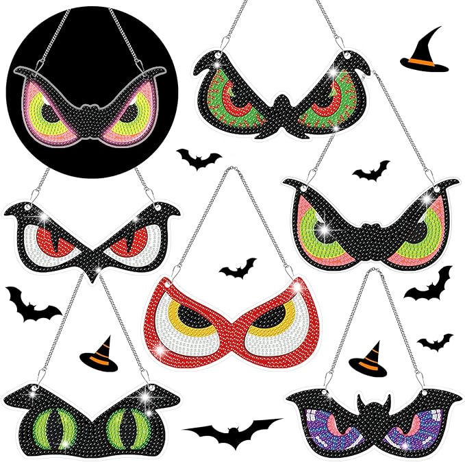 Chiisong 6 Pcs Halloween Diamond Art Painting Kit Hanging Sign Set Flashing Spooky Eyes Glow in The Dark Diamond Art Painting Kits Halloween Hanger Adult 5d DIY Craft for Wall Door Window Porch Decor