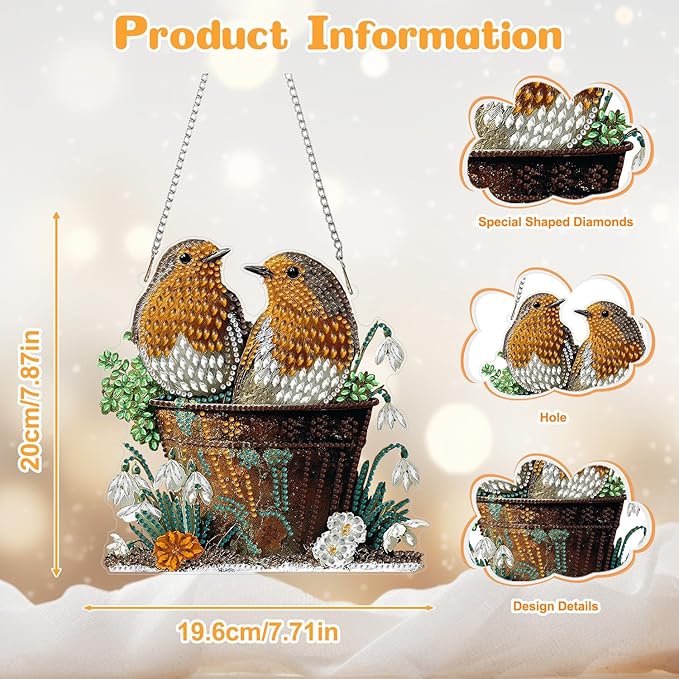 AIRDEA Hanging Diamond Painting Kits Birds,Special Shaped Diamond Art Kits for Beginner Animals and Flowers Gem Art Pendant Decor,7.87x7.71in