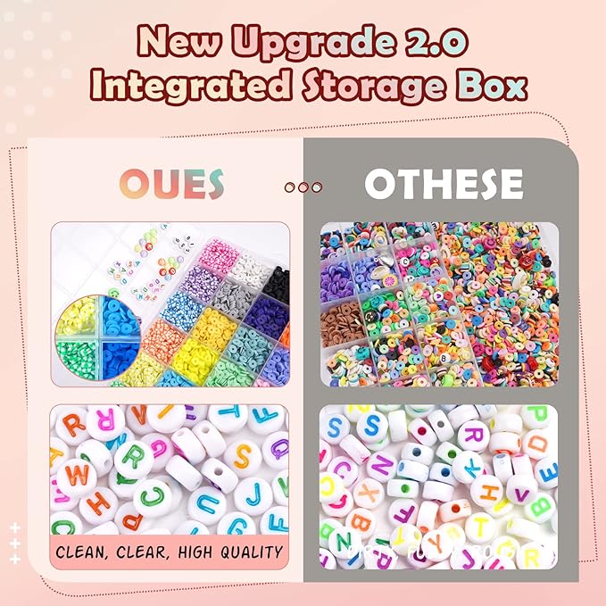 FZIIVQU Clay Beads Friendship Bracelet Making Kit, 2 Boxes 7200 Pcs Clay Beads 24 Colors Flat Disc Heishi Bead for Jewelry Making Preppy Set with Glow Number Letter Bead