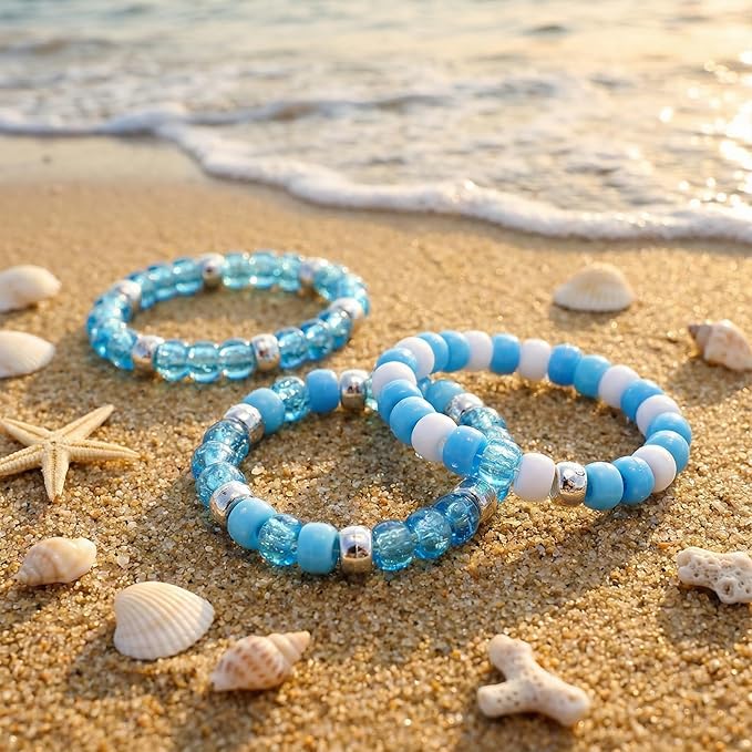 1000PCS Ocean Pony Beads Bulk – 6x9mm White, Silver Blue Glitter Kandi Beads for Bracelets, Jewelry, Hair Braids, Holiday Crafts & DIY Decorations