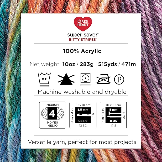 Red Heart Super Saver Bitty Stripes Unicorn Mane Yarn - 2 Pack of 283g/10oz - 100% Acrylic - #4 Worsted (Medium) - 515 Yards - Knitting/Crochet