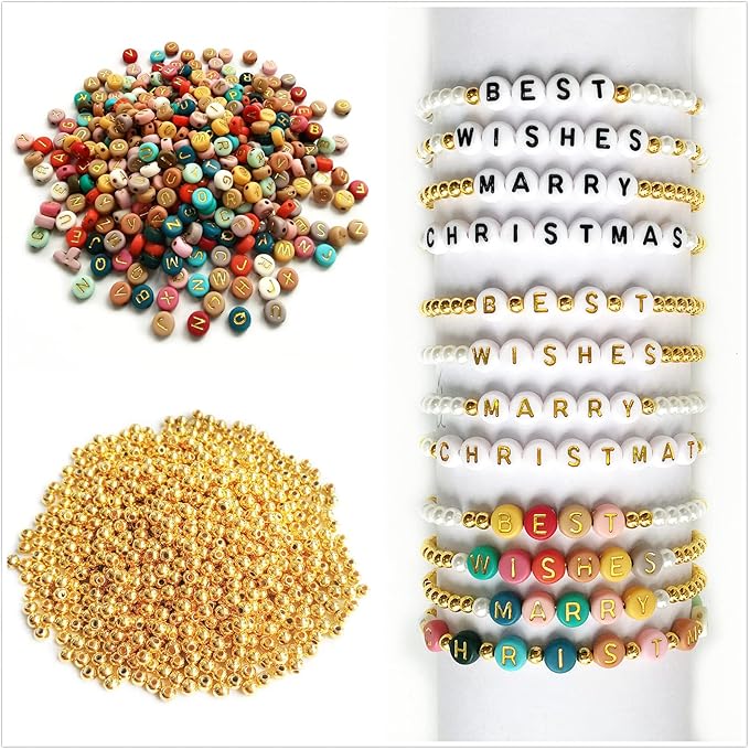 Amaney 2000pcs Beads Kits,Letter Beads and Gold Spacer Beads for DIY Bracelet Necklace Craft Jewelry Making Colorful