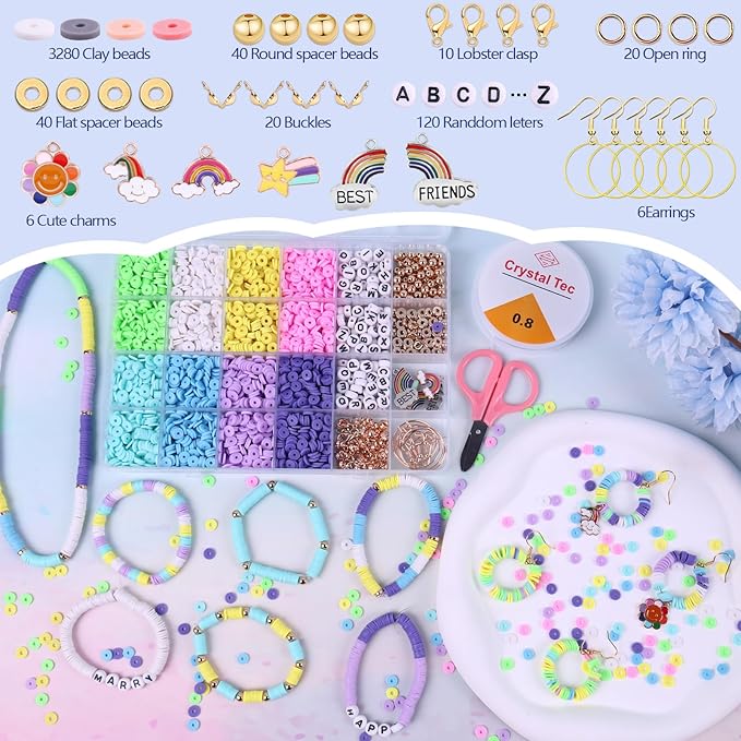 Wuollgess 3500 PCS Pastel Clay Beads for Bracelet Making Kit, Polymer Macaron Heishi Beads for Jewelry, Friendship Bracelet Kit with Spacer Letter for Necklace Earring DIY for Adults