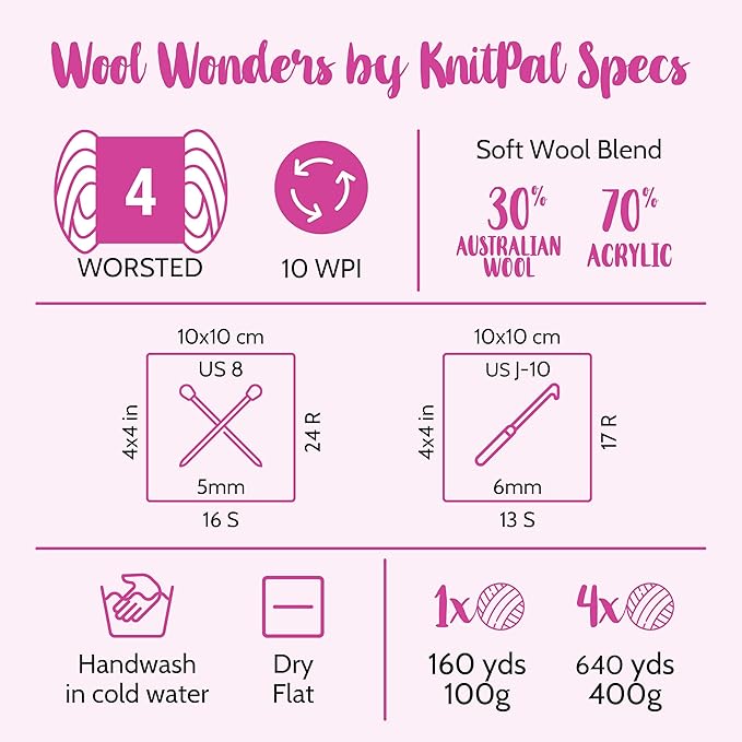 Wool Wonders Yarn for Crocheting, 4-Pack (640Yds / 400G), Free Patterns - Wool Yarn for Knitting - Aran/Heavy #4 Medium Worsted Weight - White Watermelon
