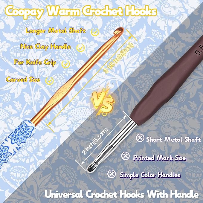 Coopay Warm Crochet Hooks Comfort Grip, Light Blue & White Porcelain Art Handle Crochet Set for Beginners, Longer Aluminum Shaft Crochet Hook Set 2.0mm-6.0mm, Smooth Crochet Needles Set for Crochet