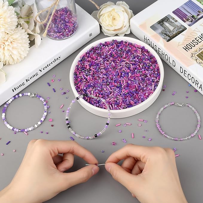 DUQGUHO Purple Beads for Jewelry Making 4mm Purple Glass Seed Beads Kit 15 Color 3mm 2mm Small Plastic Tube Bead for Bracelets Craft DIY