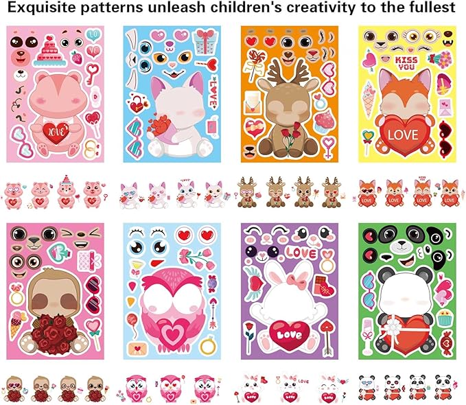 32 sheets valentine stickers for kids, valentine's day make a face stickers, make your own stickers 8 designs of animal owl rabbit bear stickers for boys girls