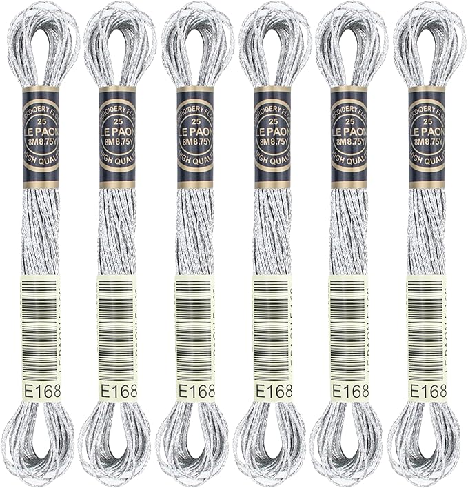6 Skeins Embroidery Thread, Metallic Silver Embroidery Floss Friendship Bracelet String, Polyester Cross-Stitch Threads Friendship Bracelet String for Hand Embroidery, String Art