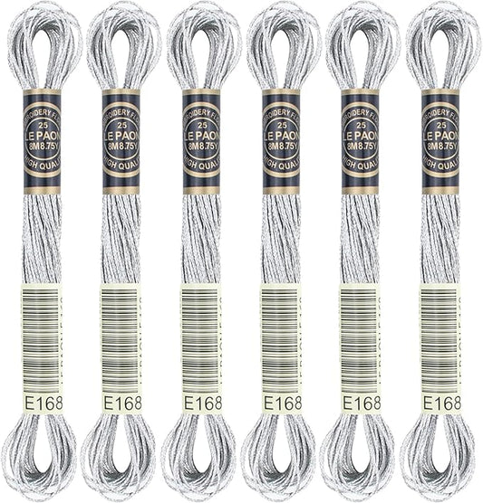 6 Skeins Embroidery Thread, Metallic Silver Embroidery Floss Friendship Bracelet String, Polyester Cross-Stitch Threads Friendship Bracelet String for Hand Embroidery, String Art