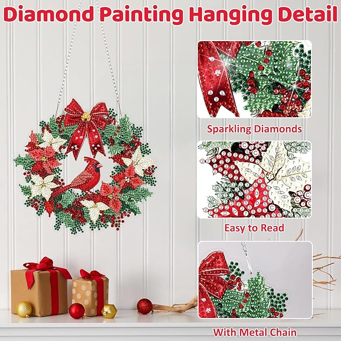 MEIYUDA Christmas Diamond Art Hanging Kits for Adult, Cardinal Wreath Diamond Painting Hanging Kits Ornaments, DIY Special Shaped Rhinestone Window Pendants Kit for Home Garden Wall Decor