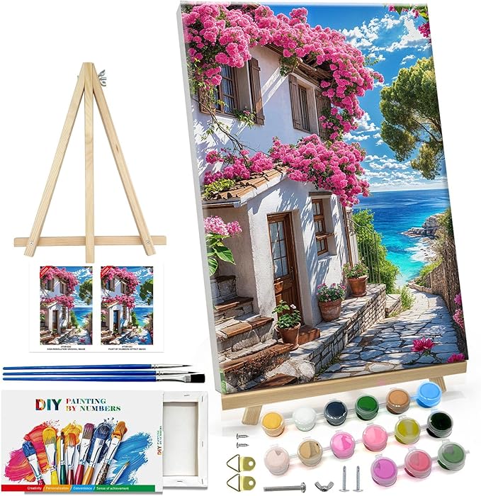ATDMS Paint by Numbers Kit for Adults with Frame Landscape Paint by Number with Easel DIY Flowers House Adult Paint by Number Kits Paint by Numbers Kit on Canvas for Gift Home Wall Decor 8x12 Inch