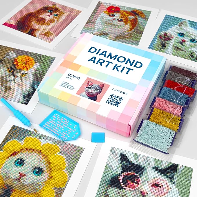 LuwoArte 6 Pack Diamond Painting Kits for Adults – Cute Cats-Themed Diamond Art Kits – DIY Full Drill Paint Gem Art for Adults – Brilliant 5D Diamond Painting Kit – Relaxing Craft for Home Wall Décor