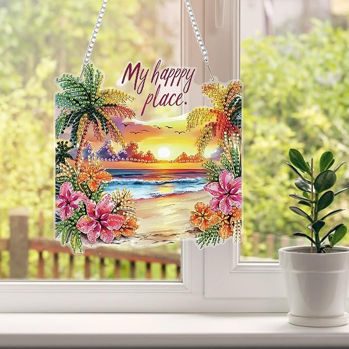 HEIBAGO Diamond Art Hanging Kits for Adults Kids, Hanging Diamond Art Beach Kits, 5D Special Shaped Crystal Diamond Painting Kit, DIY Pattern Window Pendant for Home Wall Decor 8.3x8.3Inch
