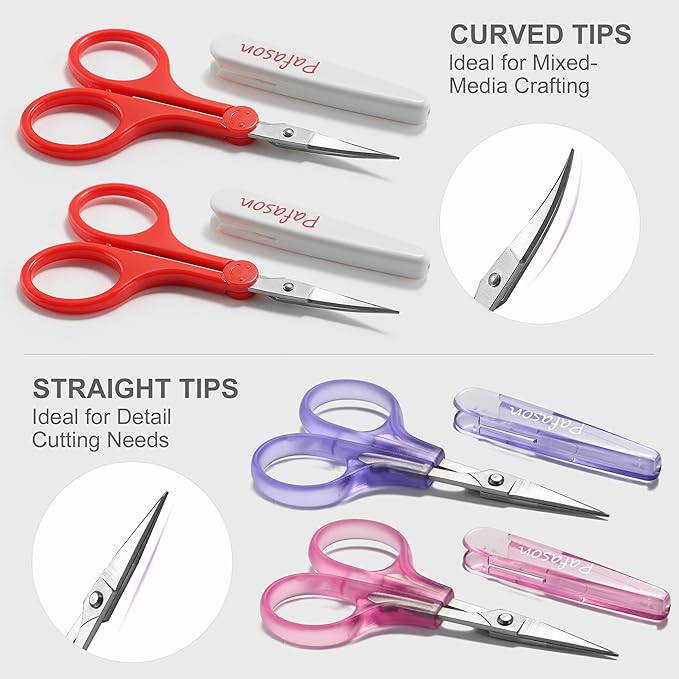 PAFASON Small Craft Scissor Set Straight Precision Fine Tip All Purpose for Scrapbooking Quilting Sewing Knitting Embroidery Cross Stitch Crochet Thread Yarn Paper Fabric Detail Cutting, Safety Case