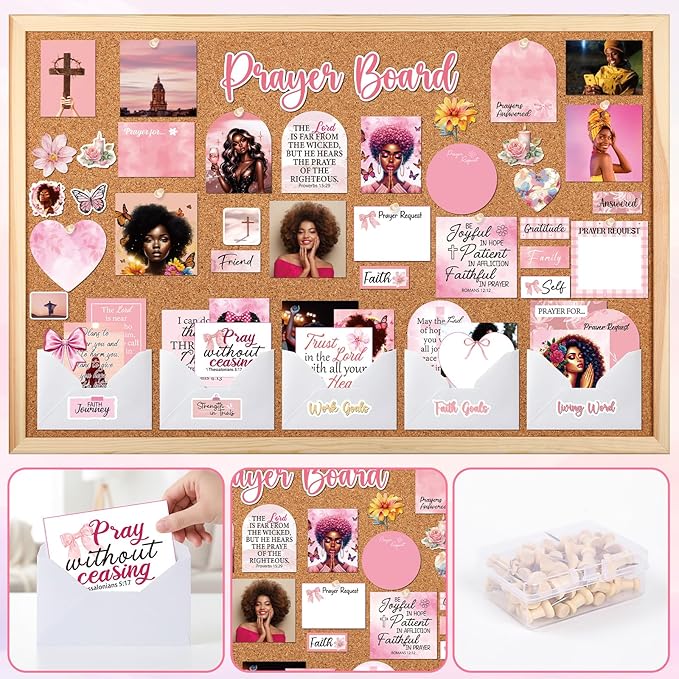 Black Women Prayer Board Supplies - Vemfare 162 Pcs Prayer Board Kit with Pins Envelope Bible Verse Quotes Cards, Pink Scrapbook Stickers, Bible Study Supplies for Women (Not Cork Board)