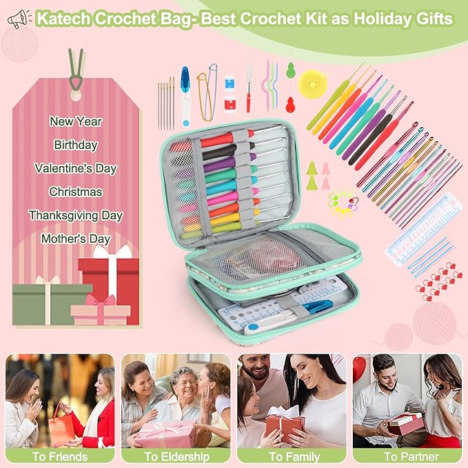 Katech 85 pcs Crochet Hooks Kit Knitting Accessories with Crochet Case, Small Sizes Crochet Hooks for Knitting Lace Yarn, Colorful Ergonomic Crochet Needles Set for Making Sweater, Bag and Hat (Green)