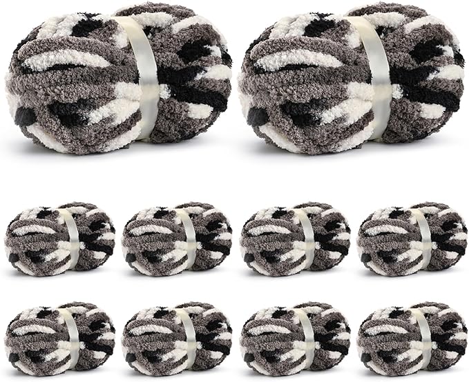 10 Pack Jumbo Chunky Yarn for Hand Knitting, Fluffy Chunky Chenille Yarn for Crocheting, Variegated Chunky Knit Baby Blanket Yarn, 240 yds /70.5 oz Super Bulky Yarn（Black-White-Grey）