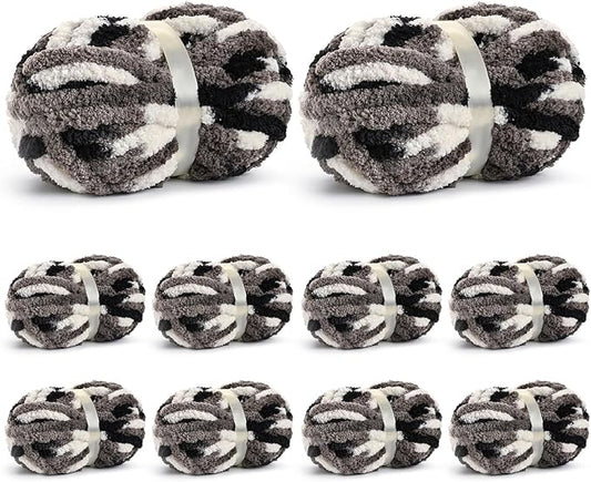 10 Pack Jumbo Chunky Yarn for Hand Knitting, Fluffy Chunky Chenille Yarn for Crocheting, Variegated Chunky Knit Baby Blanket Yarn, 240 yds /70.5 oz Super Bulky Yarn（Black-White-Grey）