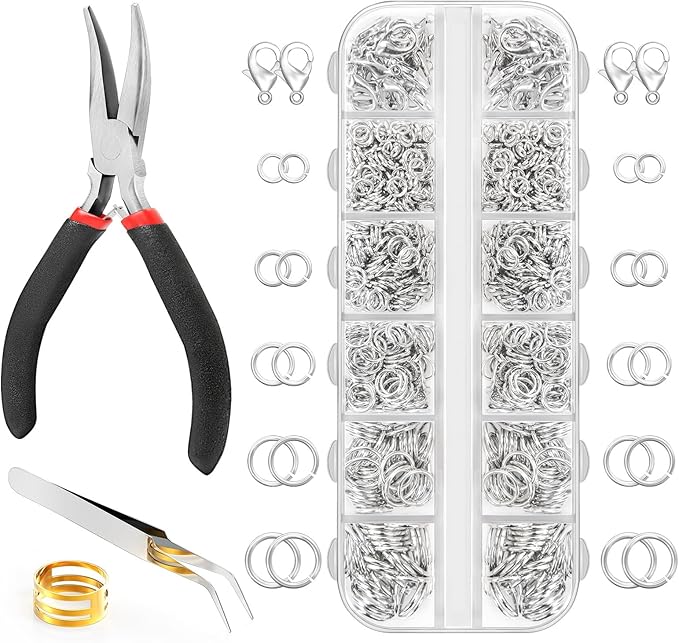 1200 Pcs Jump Rings for Jewelry Making Supplies, Necklace Repair Kit with Plier, Tweezer, Lobster Claw Clasps, Open Rings for Crafts & Keychains (1200Pcs Silver)